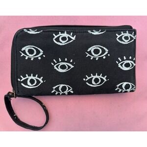 Billabong Canvas‎ Wristlet Wallet Eye Print Black Boho Surf Zip Pouch 9x5